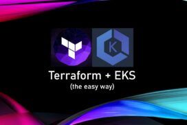 Terraform and EKS logos with the text 'Terraform + EKS (the easy way)' on a dark background with colorful waves.