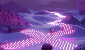 A surreal mountainous landscape with a wavy path made of glowing purple and pink lights, set against a twilight sky, with reflective spherical objects scattered on the ground, evokes an image reminiscent of evaluating AI's abstract yet intricate creations.