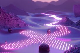 A surreal mountainous landscape with a wavy path made of glowing purple and pink lights, set against a twilight sky, with reflective spherical objects scattered on the ground, evokes an image reminiscent of evaluating AI's abstract yet intricate creations.