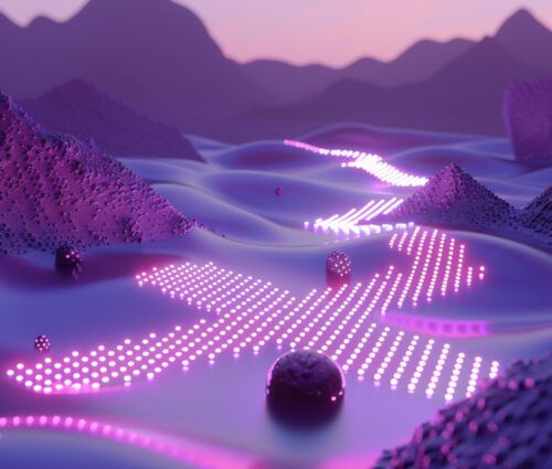 A surreal mountainous landscape with a wavy path made of glowing purple and pink lights, set against a twilight sky, with reflective spherical objects scattered on the ground, evokes an image reminiscent of evaluating AI's abstract yet intricate creations.