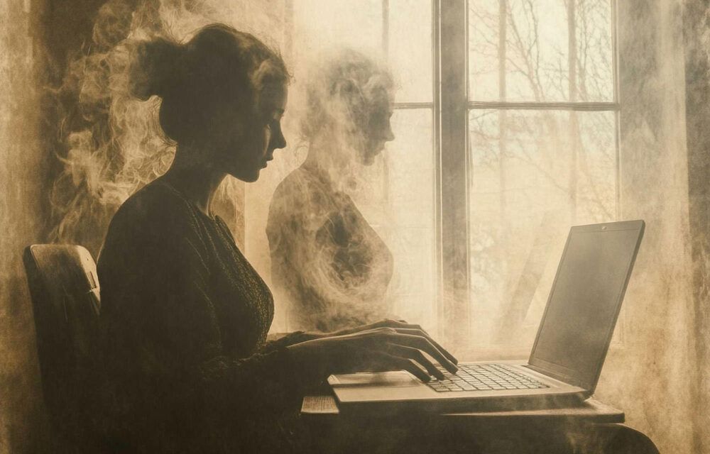 A person typing on a laptop, embodying tech leadership, is surrounded by smoke with a shadowy silhouette by a window in the background.