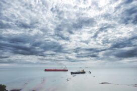 A cloudy sky over a calm sea with a red cargo ship and smaller vessels in the distance.