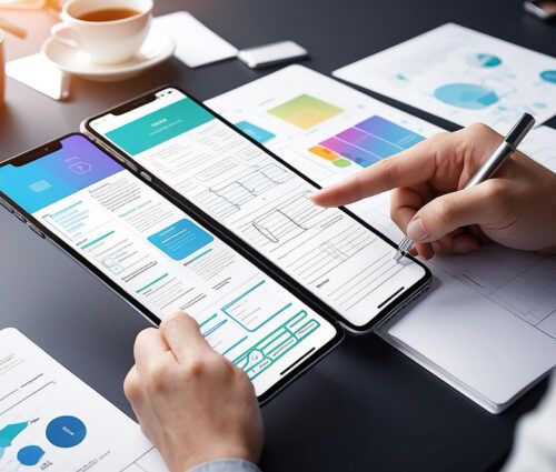 Person using a pen to interact with design prototypes on two smartphones placed side by side on a desk with documents and digital devices.