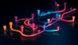 Abstract digital artwork featuring colorful, curved 3D pipes on a dark background, resembling a futuristic network map.