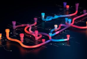 Abstract digital artwork featuring colorful, curved 3D pipes on a dark background, resembling a futuristic network map.