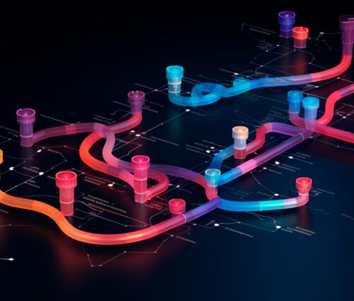 Abstract digital artwork featuring colorful, curved 3D pipes on a dark background, resembling a futuristic network map.