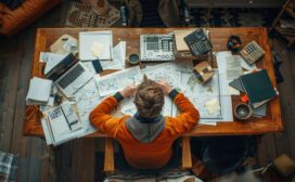 A person in an orange sweater sits at a cluttered wooden desk covered with papers, notebooks, and calculators, focusing on work.