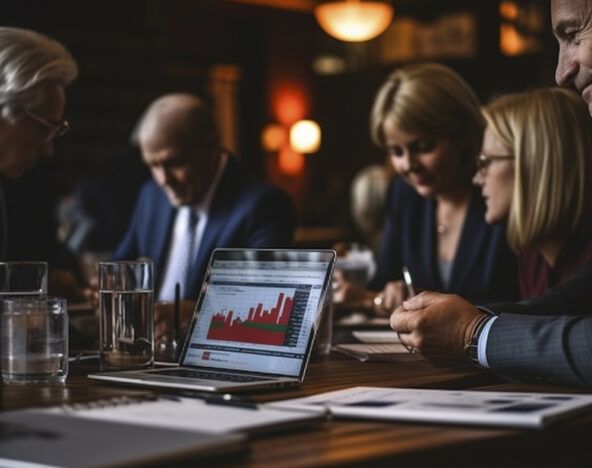 Business professionals in attire gather around a table for a meeting, with a laptop displaying a red graph, discussing custom software development strategies.