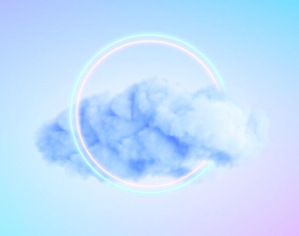 A fluffy cloud is centered within a glowing neon circle against a gradient blue and pink background, embodying the futuristic aura of 2025 tech predictions.