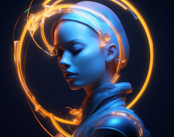 Amidst a dark backdrop, a humanoid figure adorned with glowing orange rings around its head embodies the essence of 2025 tech predictions, showcasing a sleek and futuristic style.