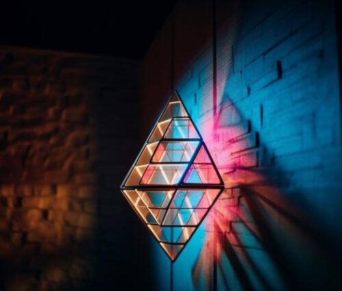 Geometric metal sculpture on a textured wall casts colorful shadows with blue and orange lighting.