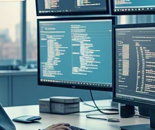 Person working at a desk with multiple monitors displaying code in an office setting.