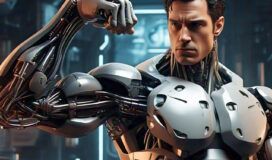 Cyborg man in futuristic armor flexes his mechanical arm with a focused expression. Background shows a high-tech environment.