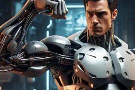 Cyborg man in futuristic armor flexes his mechanical arm with a focused expression. Background shows a high-tech environment.