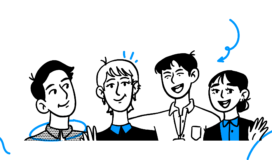 Illustration of four people standing in a row, smiling and waving, perhaps representing diverse team members. Blue lines and shapes enhance the background's vibrancy, complementing the text "spr" on the left side—a nod to insights on how to hire a software development company.