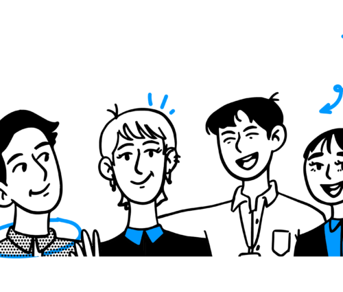 Illustration of four people standing in a row, smiling and waving, perhaps representing diverse team members. Blue lines and shapes enhance the background's vibrancy, complementing the text "spr" on the left side—a nod to insights on how to hire a software development company.