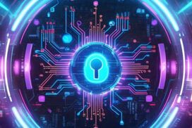 Futuristic digital lock surrounded by glowing circuit lines in neon blue and pink hues, symbolizing cybersecurity technology.