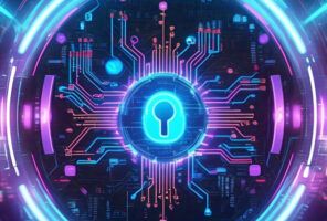 Futuristic digital lock surrounded by glowing circuit lines in neon blue and pink hues, symbolizing cybersecurity technology.