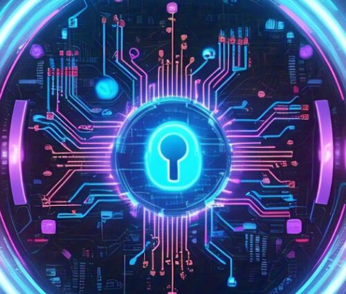 Futuristic digital lock surrounded by glowing circuit lines in neon blue and pink hues, symbolizing cybersecurity technology.