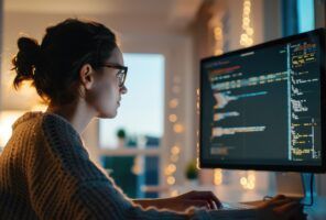 A person wearing glasses is focused on coding on a computer screen in a dimly lit room with blurred decorative lights.