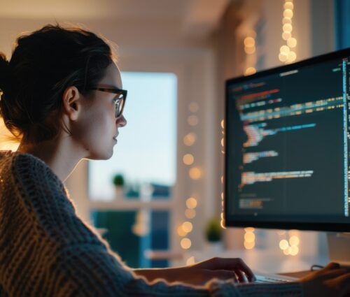 A person wearing glasses is focused on coding on a computer screen in a dimly lit room with blurred decorative lights.