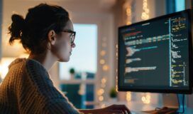 A person wearing glasses is focused on coding on a computer screen in a dimly lit room with blurred decorative lights.