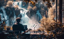 Person sitting at a desk with a laptop, facing large waterfall through a window, surrounded by foliage.