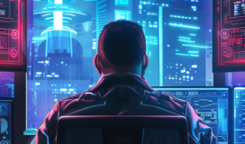 Person sitting at a desk in front of multiple computer screens displaying data, overlooking a futuristic, neon-lit cityscape through a window.