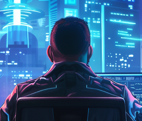 Person sitting at a desk in front of multiple computer screens displaying data, overlooking a futuristic, neon-lit cityscape through a window.