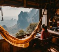 Person sits at a desk in a cabin with a view of mountains and trees. A hammock hangs nearby.