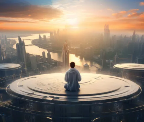 A person in white sits on a futuristic platform overlooking a sprawling cityscape at sunrise, with tall buildings and a river visible below.