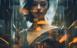 A woman with dark hair stands in a modern, futuristic setting with glowing lights and geometric reflections surrounding her, evoking the advanced ambiance of a secure LLM environment.