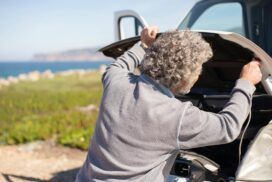 Older man with gray curly hair inspects the engine under the hood of a vehicle, exploring technology integration, parked outdoors near a grassy area with the sea in the background.