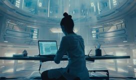A person sits at a desk in a futuristic, high-tech room, working on a laptop displaying code for a secure LLM.