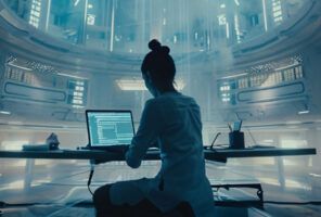 A person sits at a desk in a futuristic, high-tech room, working on a laptop displaying code for a secure LLM.