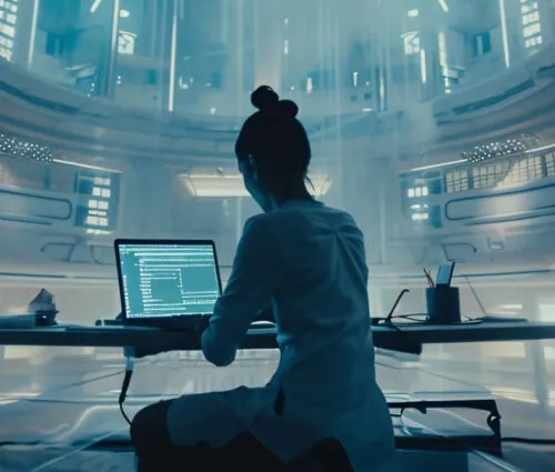 A person sits at a desk in a futuristic, high-tech room, working on a laptop displaying code for a secure LLM.