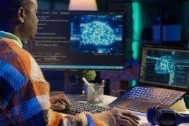 A person works at a desk with a desktop monitor and laptop displaying digital illustrations of a brain, surrounded by code and technological elements, highlighting Palantir consulting and implementation services in action.