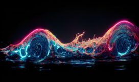 Abstract digital artwork showing two swirling waves of neon-colored liquid with glowing pink, blue, and yellow accents on a dark background.