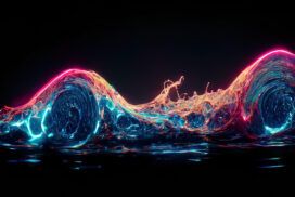 Abstract digital artwork showing two swirling waves of neon-colored liquid with glowing pink, blue, and yellow accents on a dark background.