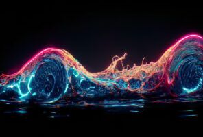 Abstract digital artwork showing two swirling waves of neon-colored liquid with glowing pink, blue, and yellow accents on a dark background.
