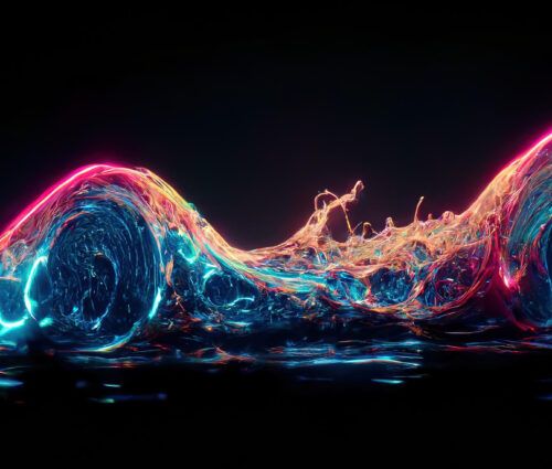 Abstract digital artwork showing two swirling waves of neon-colored liquid with glowing pink, blue, and yellow accents on a dark background.