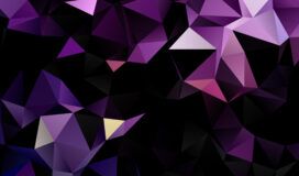 Abstract geometric background with overlapping purple, black, and pink triangles forming a low-poly pattern.