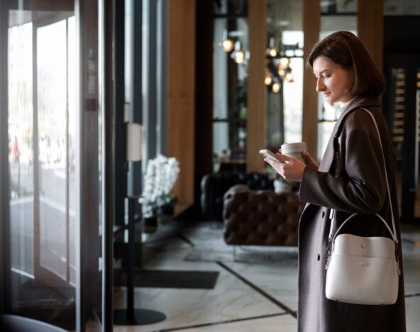 Woman in a brown coat holding a coffee cup and looking at her phone stands near the entrance of a modern building with glass doors and contemporary decor.