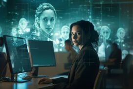 A woman sits at a desk with computer monitors, while digital images of her face and data graphics are displayed on a large screen behind her.