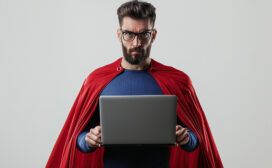A man wearing glasses and a red cape holds an open laptop, portraying the confidence of an AI coding assistant, standing against a plain light background.
