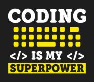 Text graphic with a stylized yellow keyboard and the words: "CODING is my SUPERPOWER" on a black background, highlighting the boost from an AI coding assistant.