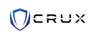 Crux Logo featuring a blue and white shield on the left and the word "CRUX" in bold black letters with a stylized "X" incorporating a blue dot on the right.