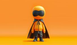 A stylized cartoon character in an orange hooded jacket, black cape, pants, and large black visor stands against a solid orange background, embodying the dynamic energy of an AI coding assistant.
