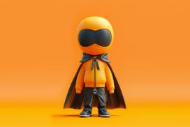 A stylized cartoon character in an orange hooded jacket, black cape, pants, and large black visor stands against a solid orange background, embodying the dynamic energy of an AI coding assistant.