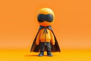 A stylized cartoon character in an orange hooded jacket, black cape, pants, and large black visor stands against a solid orange background, embodying the dynamic energy of an AI coding assistant.